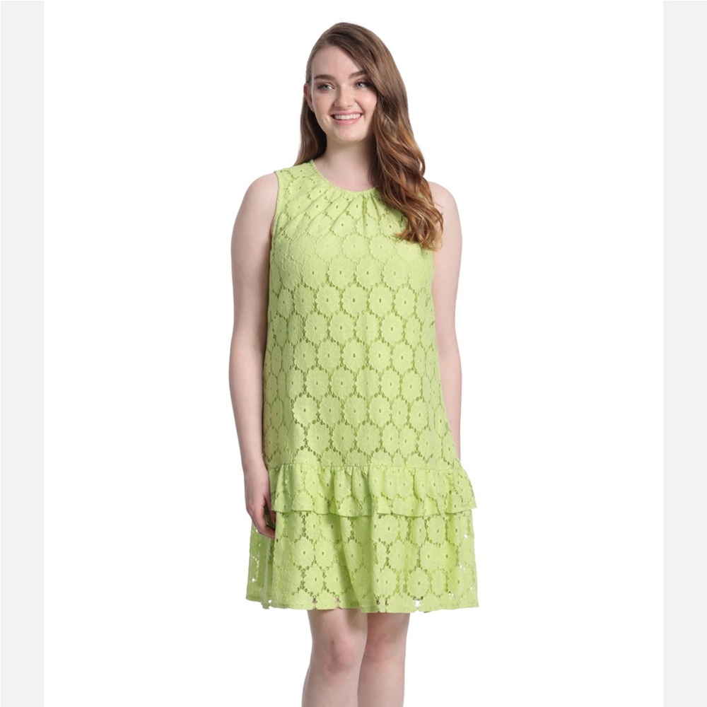 Key lime green London Times Women's Sleeveless Drop Waist Ruffle Dress